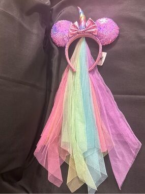 Disney Pink Sequin Unicorn Minnie Ears Headband with Rainbow Tulle Veil